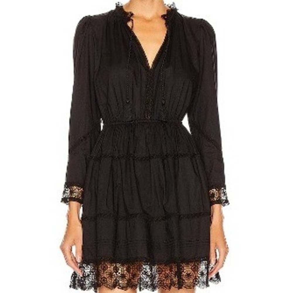 Ulla Johnson Black Cotton Crochet Lace Trim Tassel Mini Dress Womens Size 8